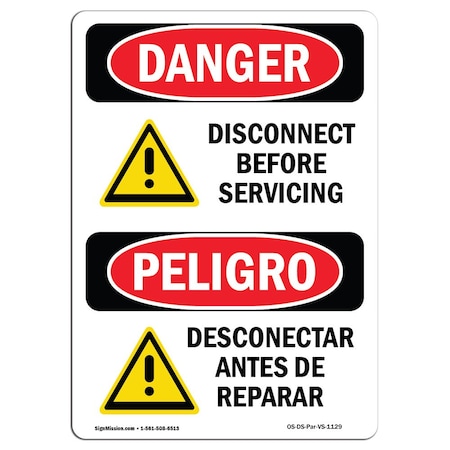 Signmission OSHA Sign, Disconnect Before Servicing Bilingual, 14in X 10in Alum, 10" W, 14" H, Spanish OS-DS-A-1014-VS-1129